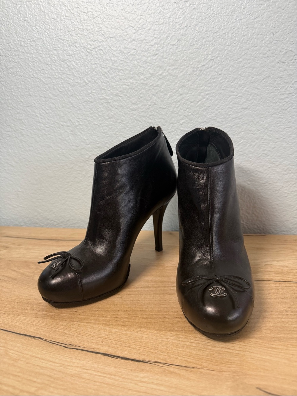 Chanel Black Leather Ankle Booties w/ CC Logo 🤍